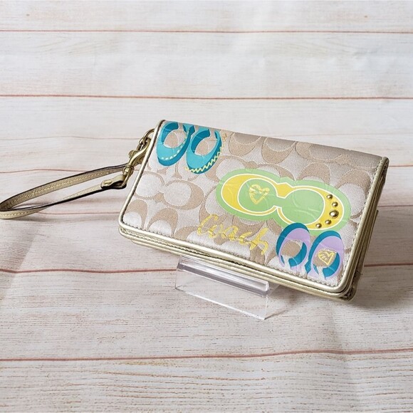 Coach Fabric Leather Logo Wristlet Wallet Metallic Gold Tan Fun Print